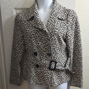 NEW Studio 1940 Black and Cream Leopard Pea Coat with Fitted Silhouette Size L